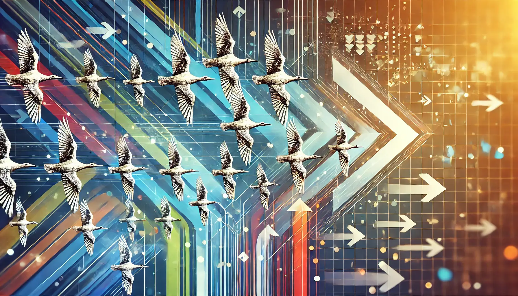 DALL·E 2024-07-19 19.47.53 - An abstract image representing business process improvement through the movements of birds. The image features a flock of birds flying in a perfectly 